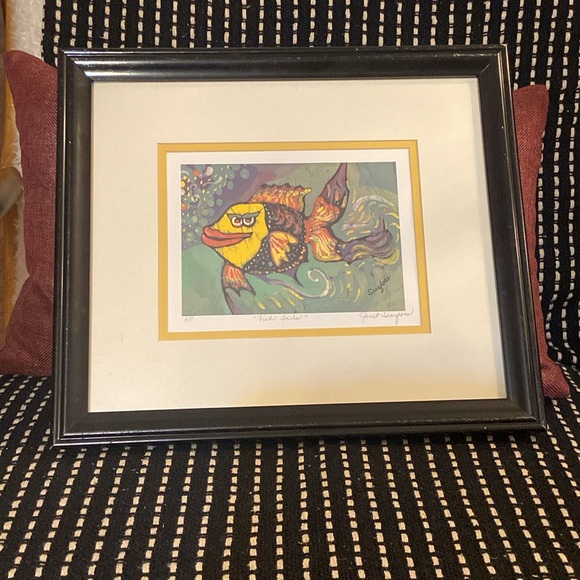 JANET SEARFOSS “fish tails” signed art print in frame 14-1/2” x 13” - Picture 3 of 5